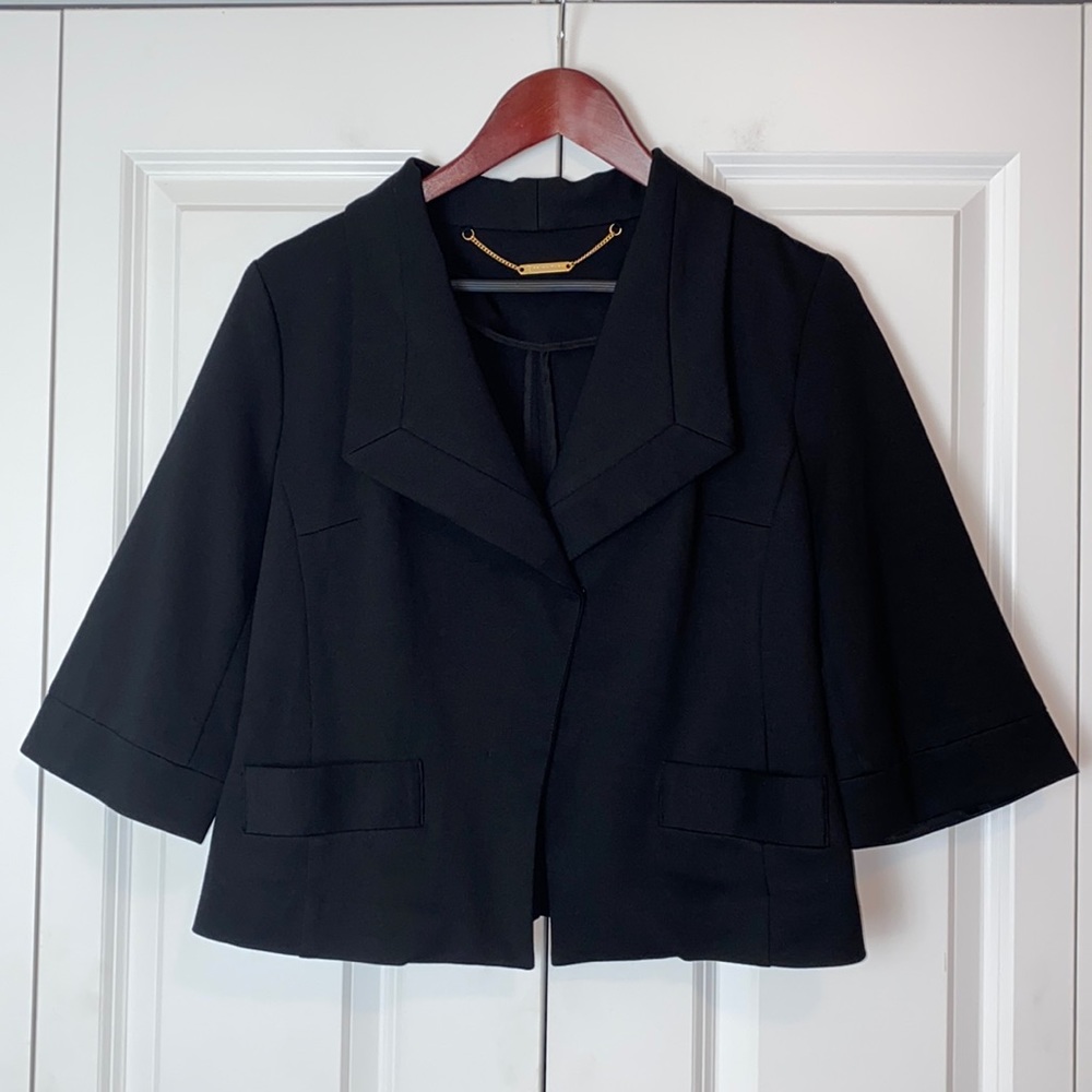 Trina Turk Cropped Exaggerated Collar Knit Blazer Jacket Black Size Large